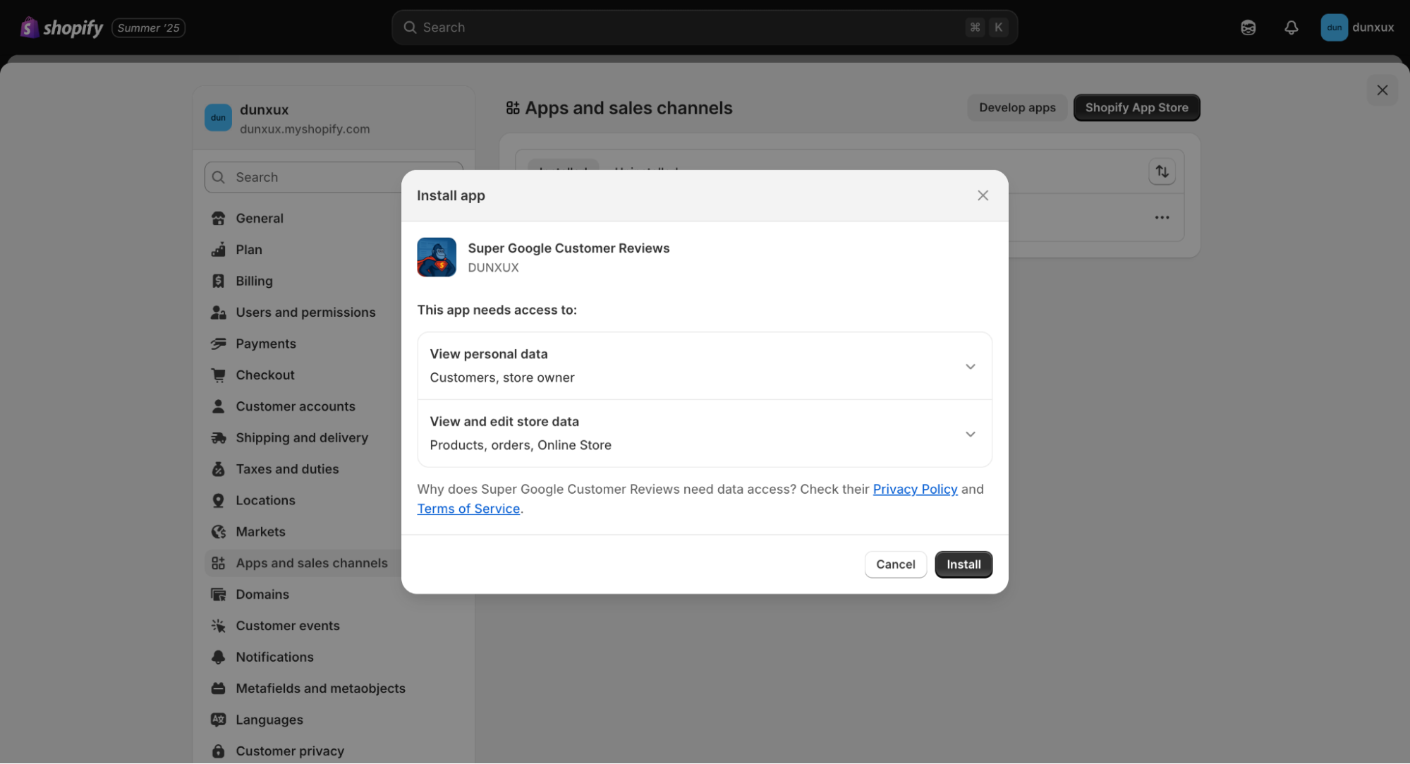 Super Google Customer Reviews app installation confirmation dialog in Shopify admin with Install app button